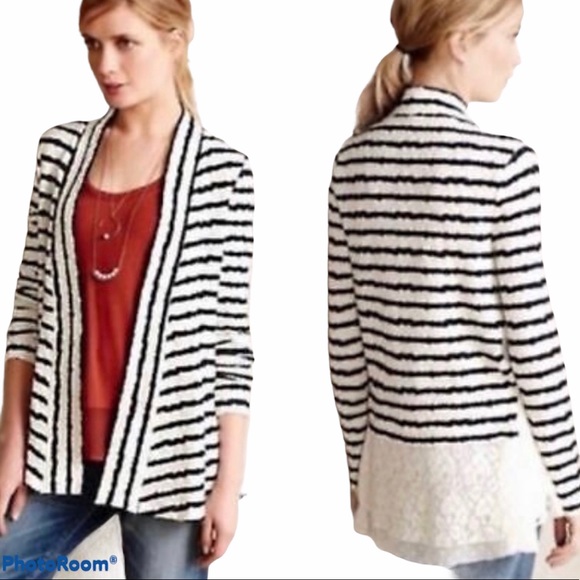 Anthropologie Sweaters - Postmark By Anthro Cream And Black Striped Lace Hem Knit Cardigan